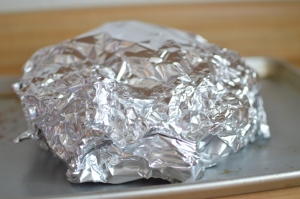 After the meal, wrap up the left overs in the tin foil from lined tray and use the tin foil used to protect it in the oven to cover the top. No waste, easy clean-up!